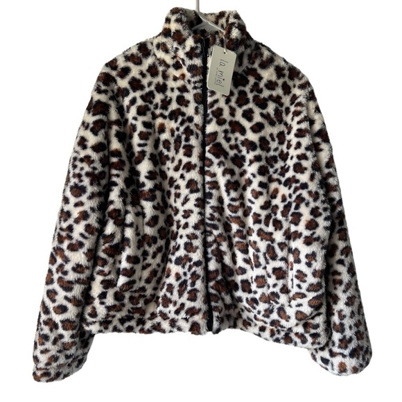 NWT Women's leopard la miel faux puffer coat  print Jacket collar pockets size S - Picture 1 of 15